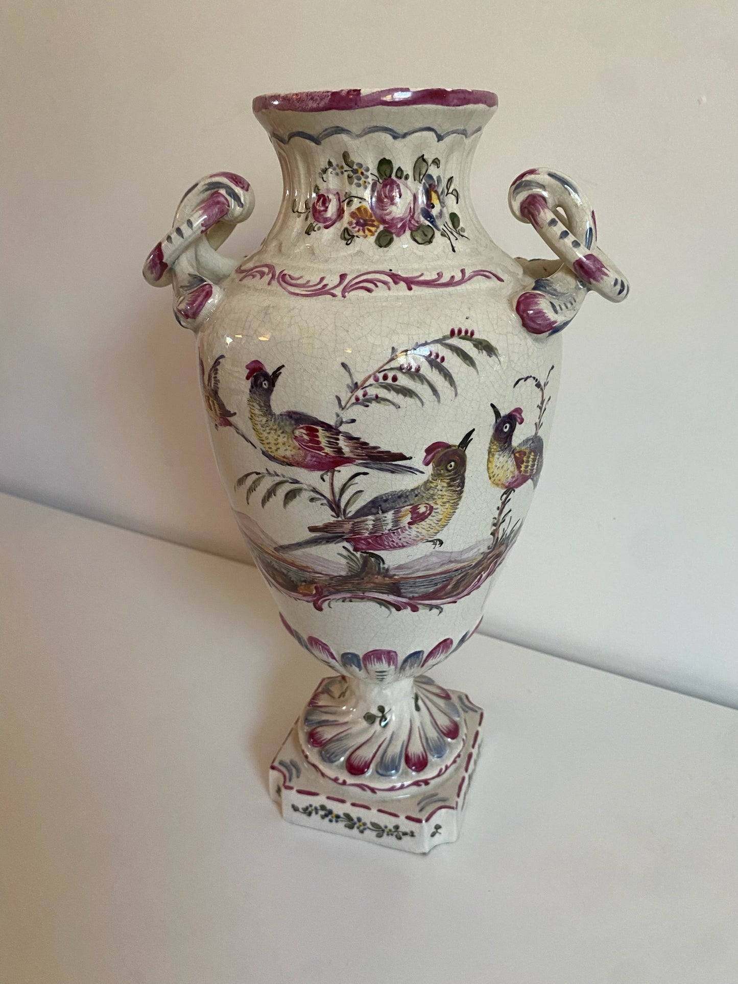 19th Century Hand-painted Vase with Bird and Flower Motif