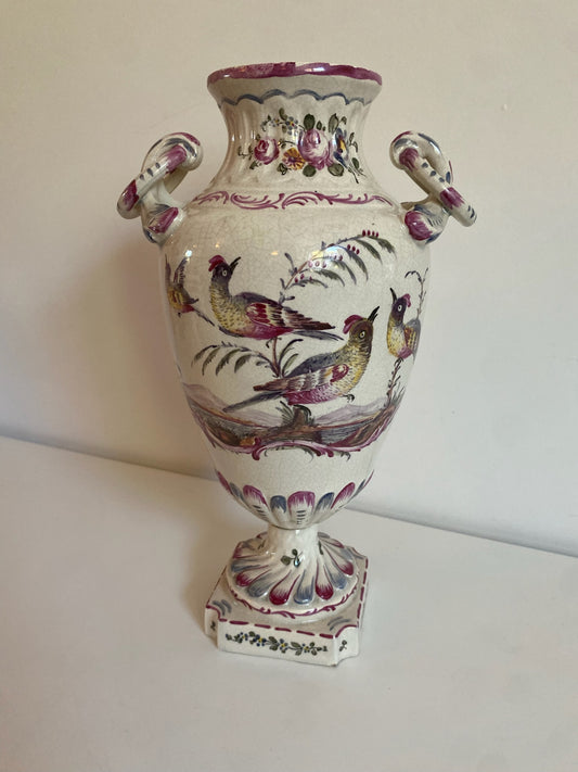 19th Century Hand-painted Vase with Bird and Flower Motif