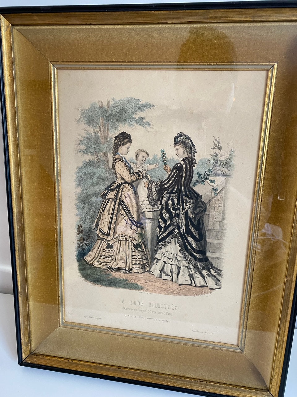 1872 "La Mode Illustrée" Framed Etching of Two Women and Baby