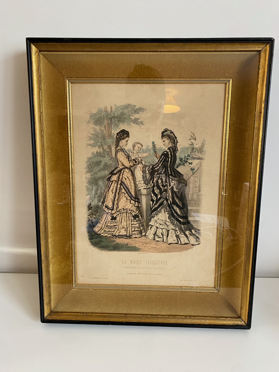 1872 "La Mode Illustrée" Framed Etching of Two Women and Baby