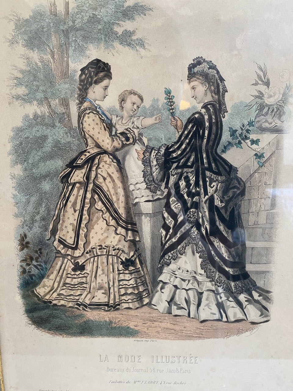 1872 "La Mode Illustrée" Framed Etching of Two Women and Baby