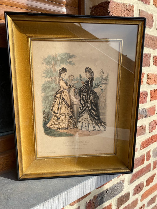 1872 "La Mode Illustrée" Framed Etching of Two Women and Baby