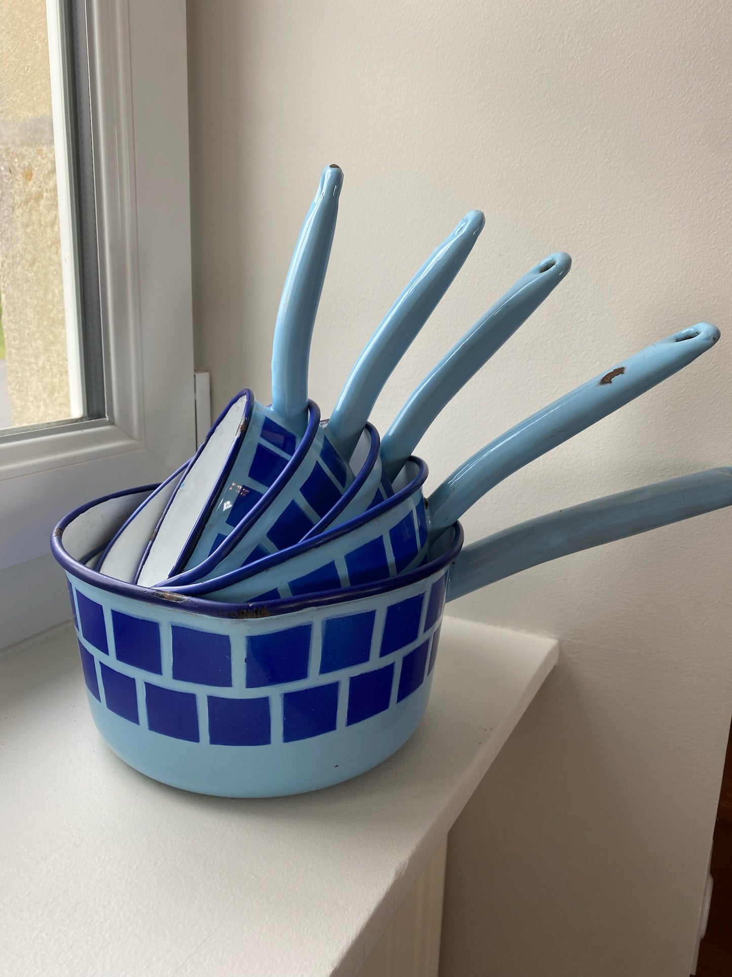 1950s 5-piece Blue Enamel Pot Set